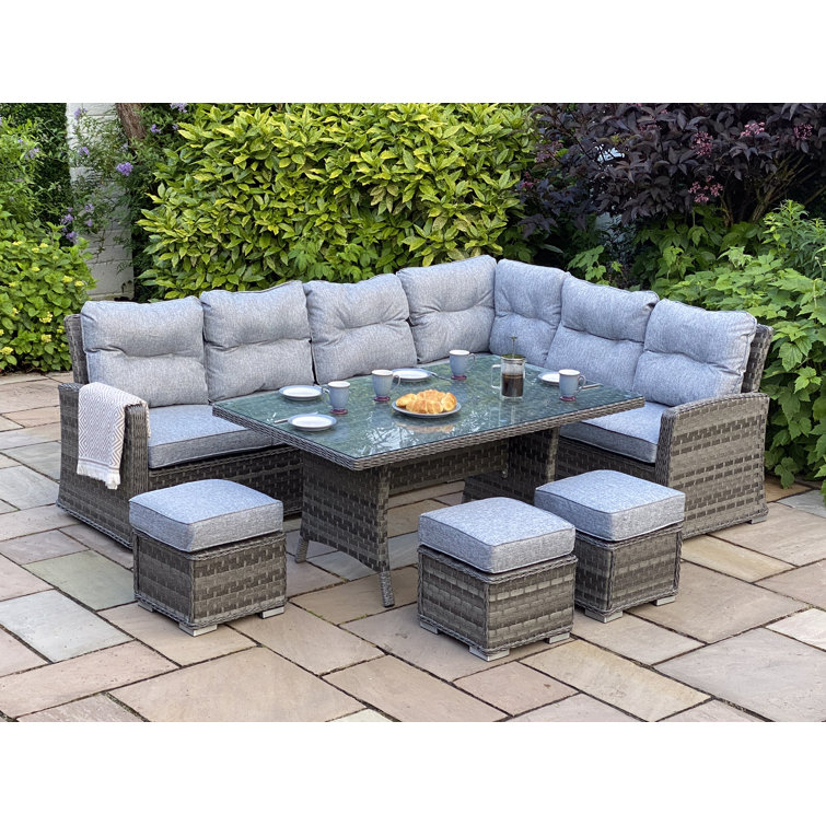 Ebern Designs Leatha Rattan Sofa Dining Set with Firepit Table